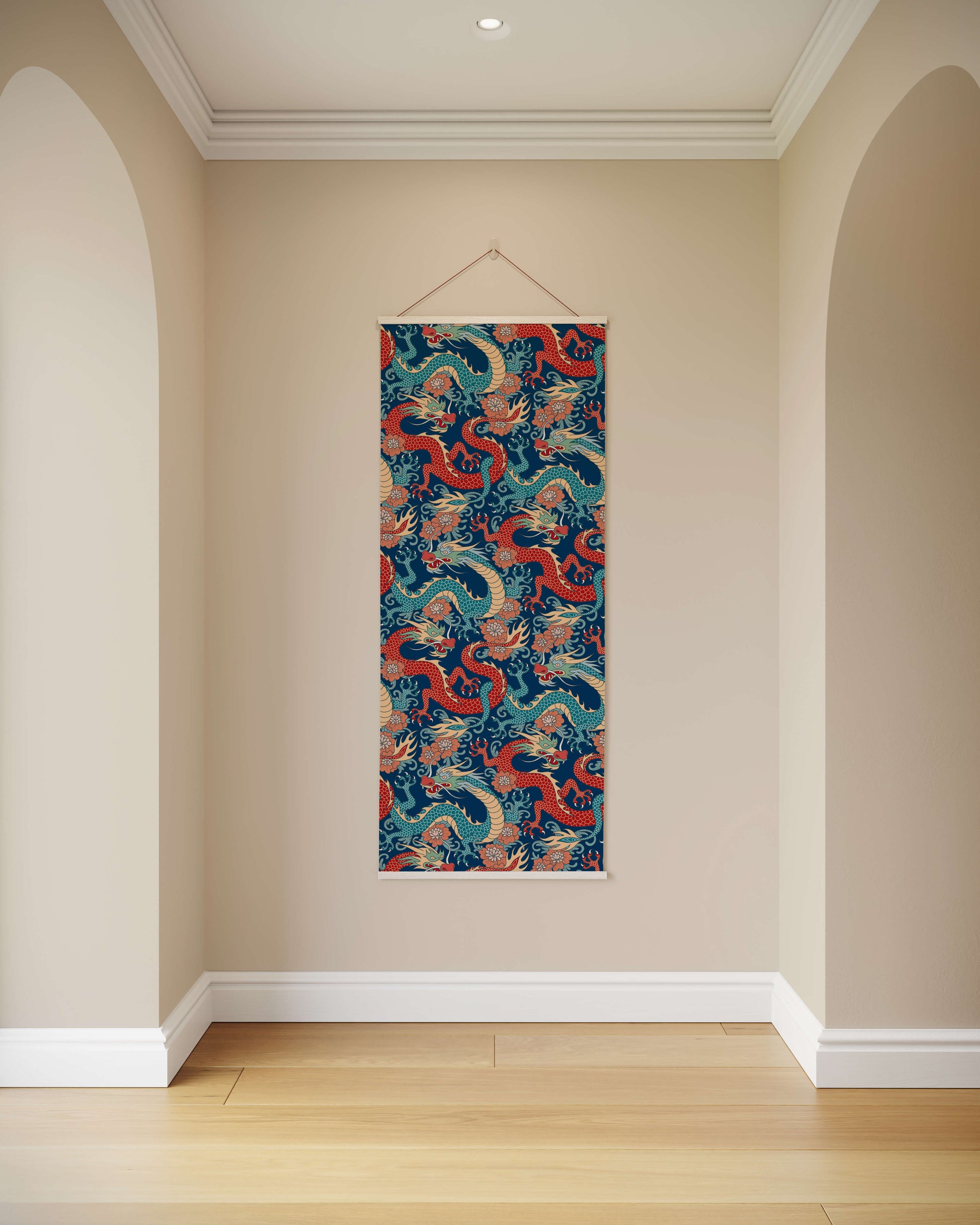 Decorative wall hanging with dragon design on a beige wall.
