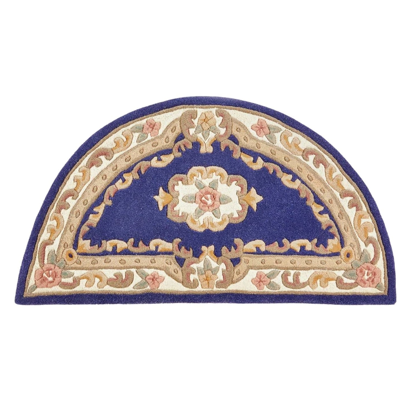 Decorative half-moon rug with floral and geometric patterns on a white background