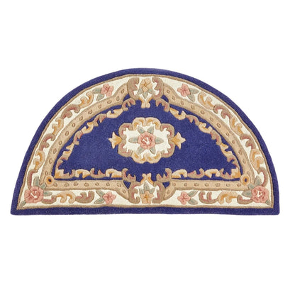 Decorative half-moon rug with floral and geometric patterns on a white background