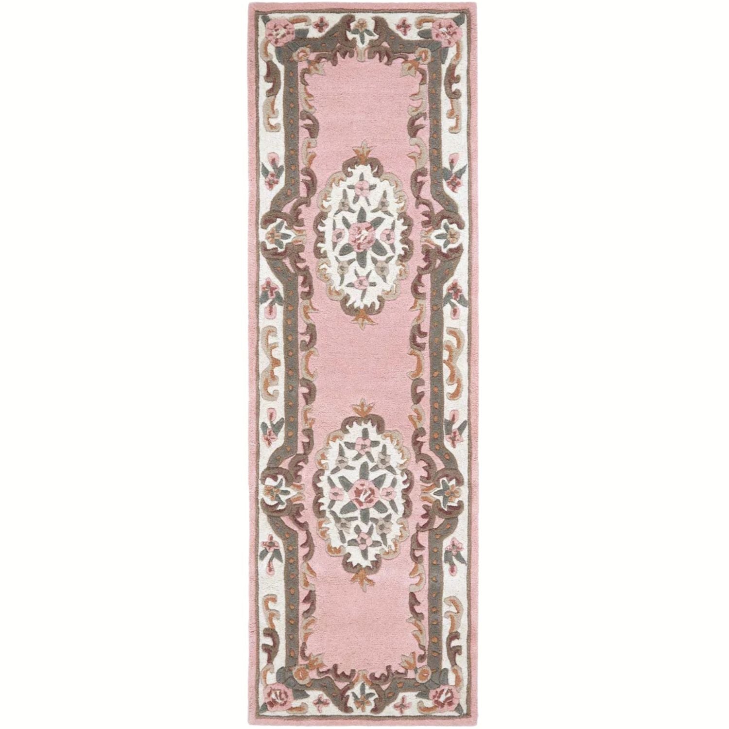 Decorative pink rug with intricate patterns on a white background