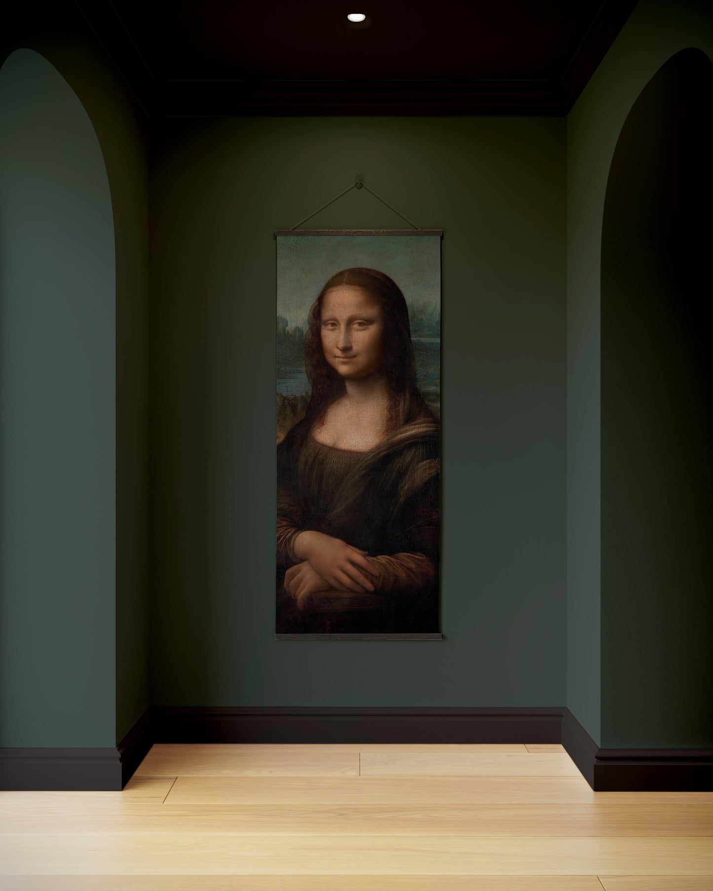 Mona Lisa painting on a wall in a dimly lit room