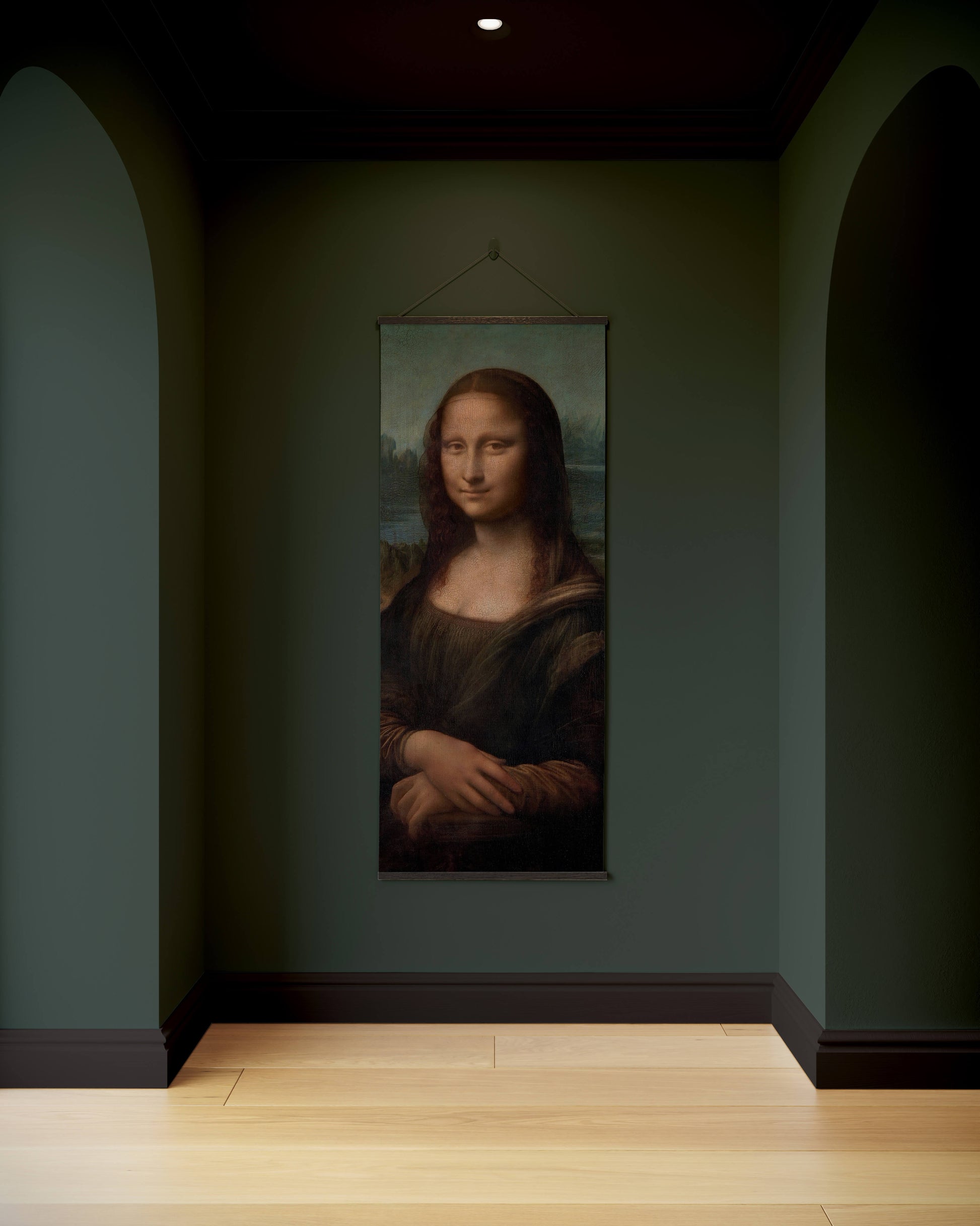 Mona Lisa painting on a wall in a dimly lit room
