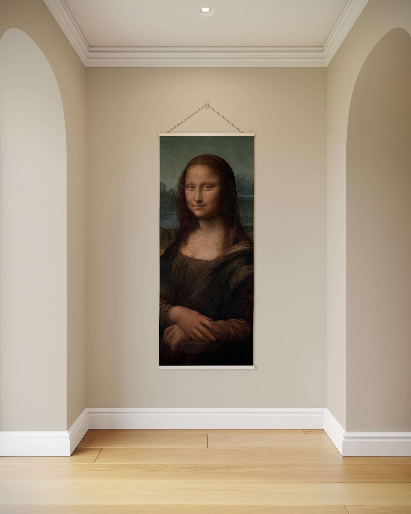 Mona Lisa painting on a wall in a room with beige walls and wooden floor.