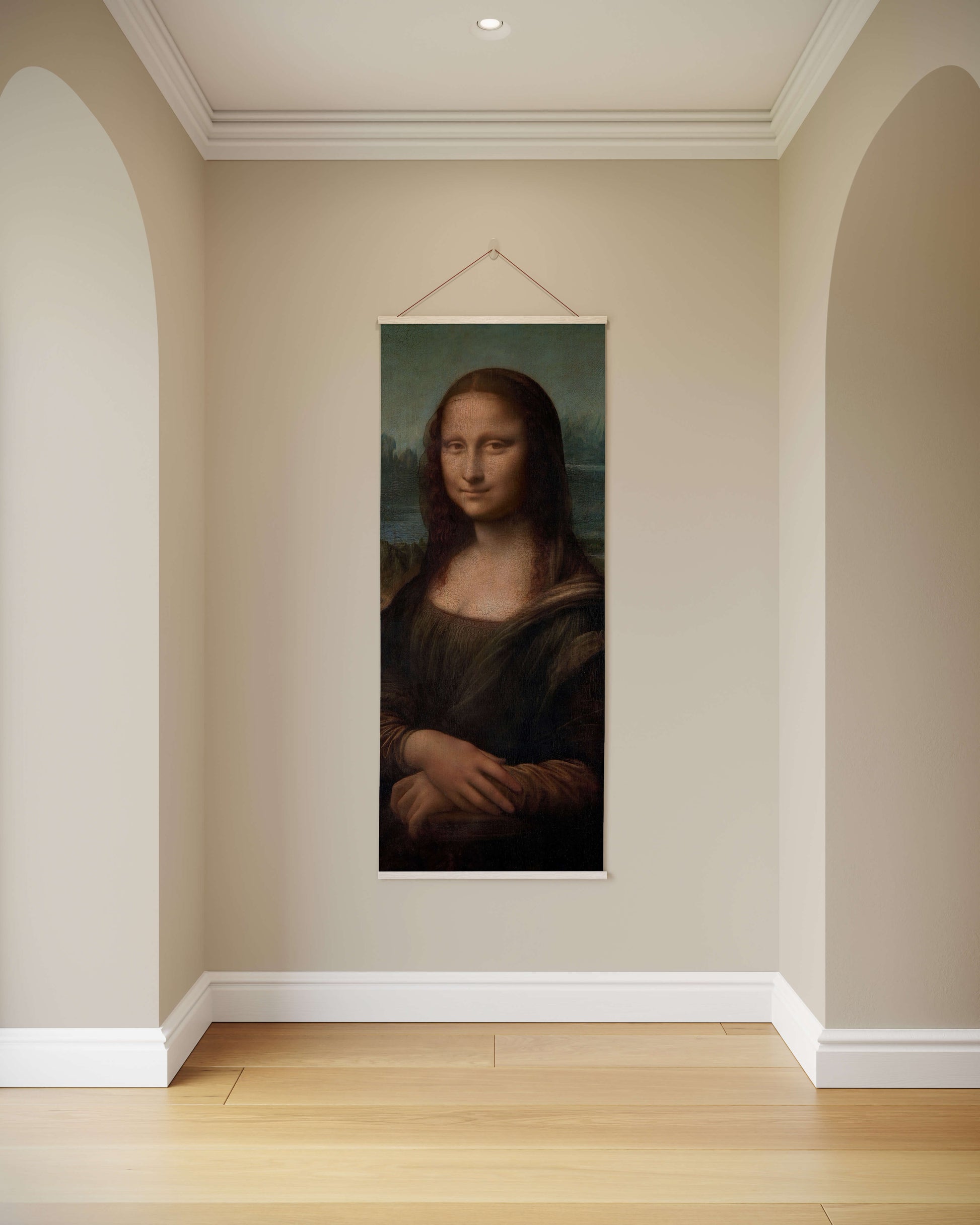 Mona Lisa painting on a wall in a room with beige walls and wooden floor.