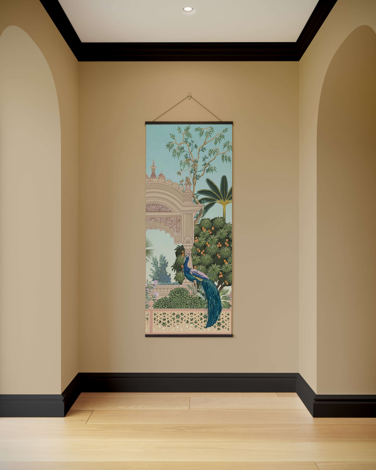 Decorative wall hanging with a peacock design in a room with beige walls and wooden floor.