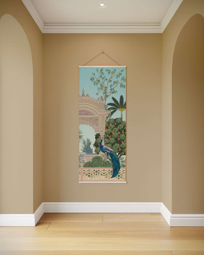 Peacock painting on a beige wall