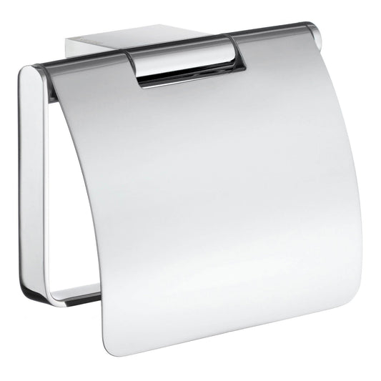 Smedbo Air AK3414 Toilet Roll Holder with Lid — Polished Chrome Hinged Curved Cover with Rectangular Wall Bracket