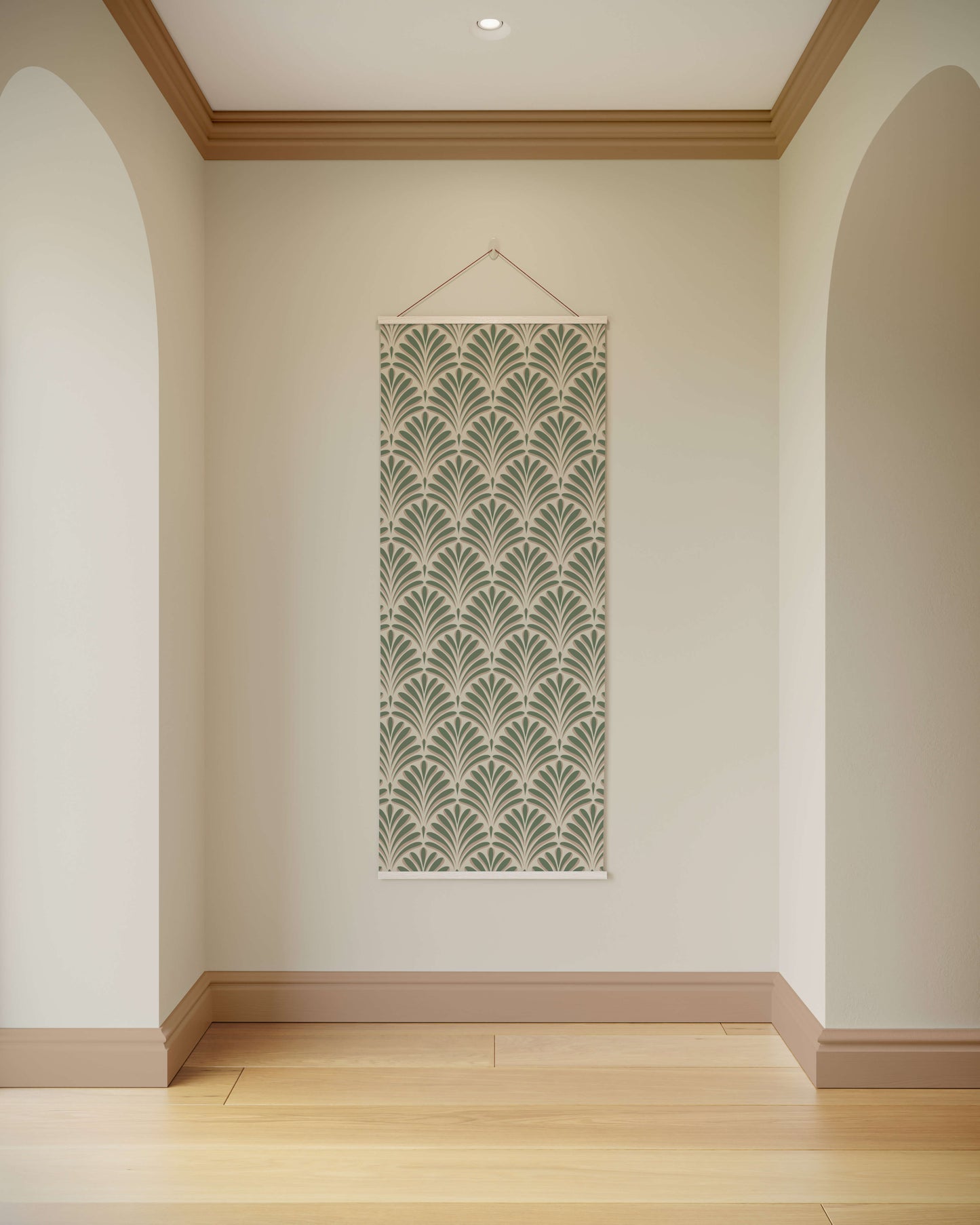 Decorative wall hanging with a geometric pattern on a plain wall.