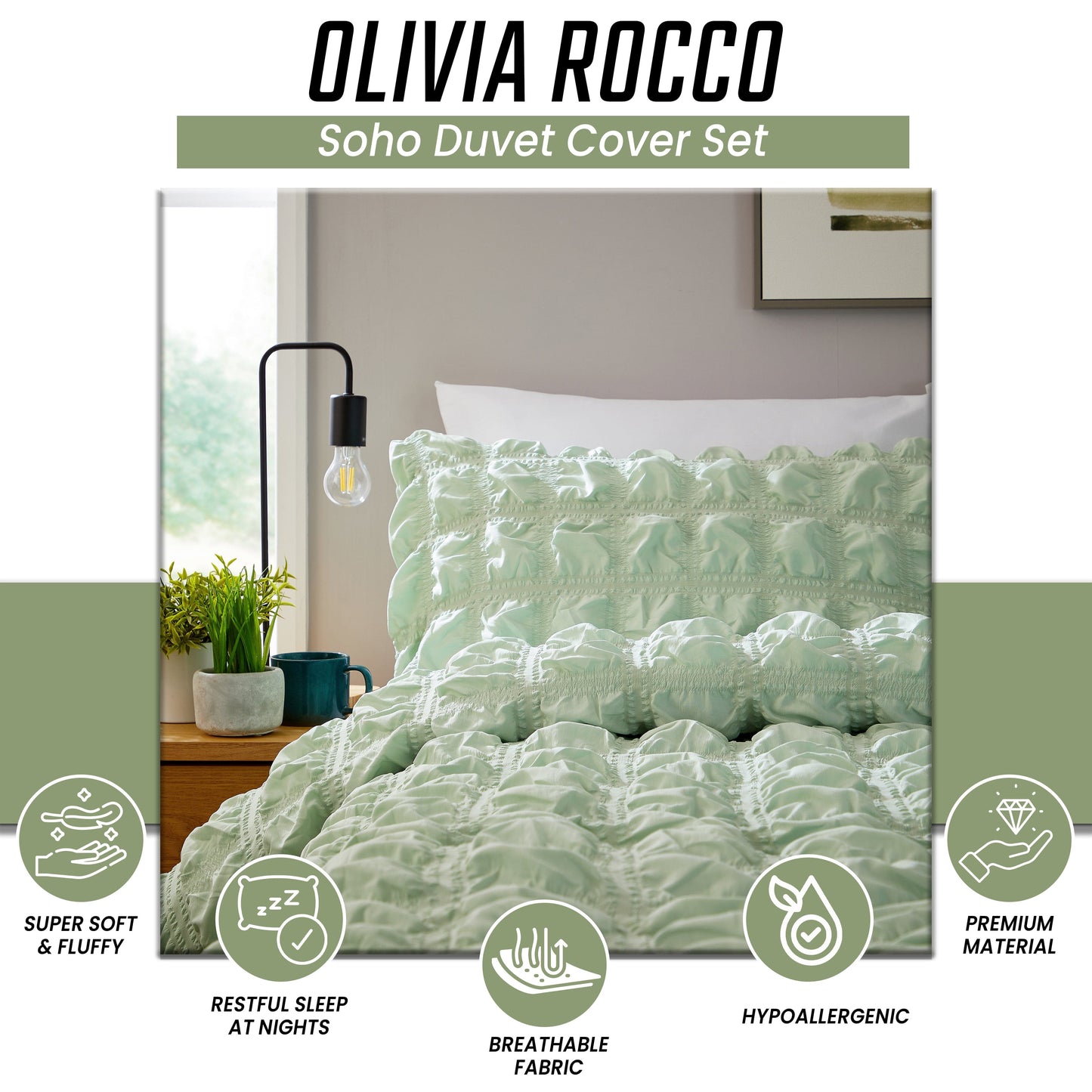 Soho Sage Green Microfibre Duvet Cover Set with Pillowcases Quilted Super Soft Easy Care Bedding Bed Linen Set by OLIVIA ROCCO