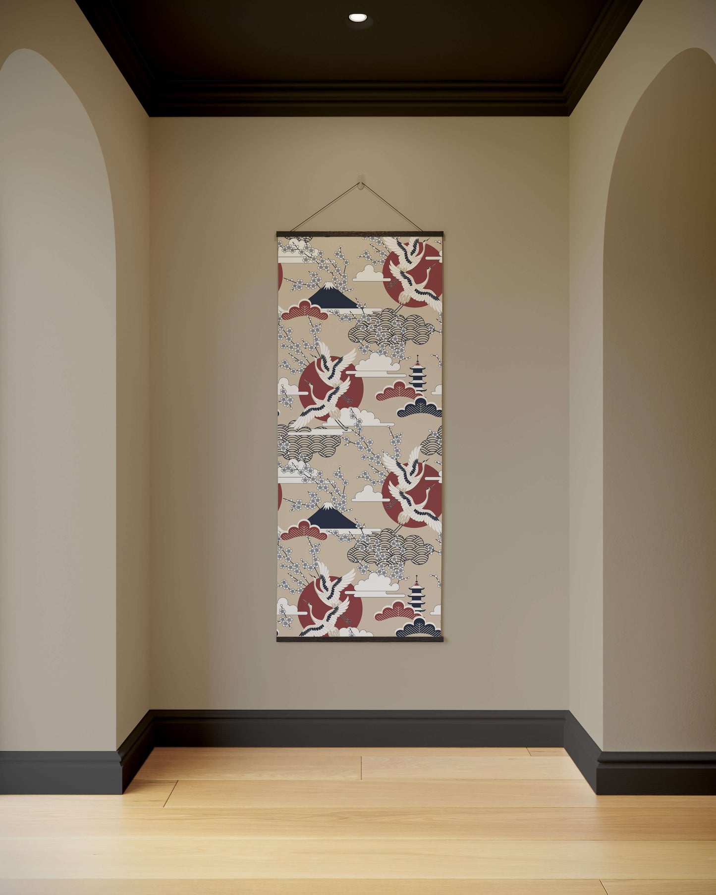 Decorative wall hanging with abstract design on a beige wall.