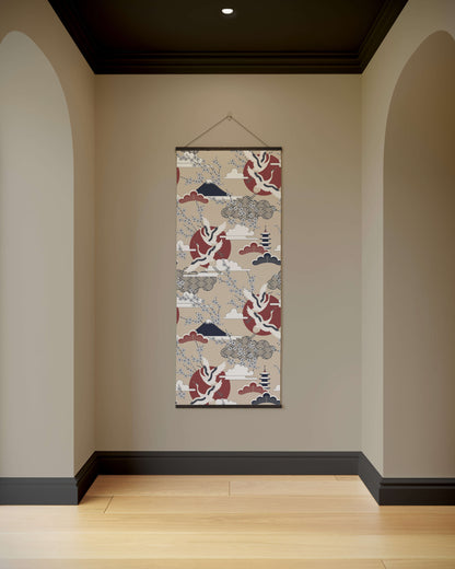 Decorative wall hanging with abstract design on a beige wall.