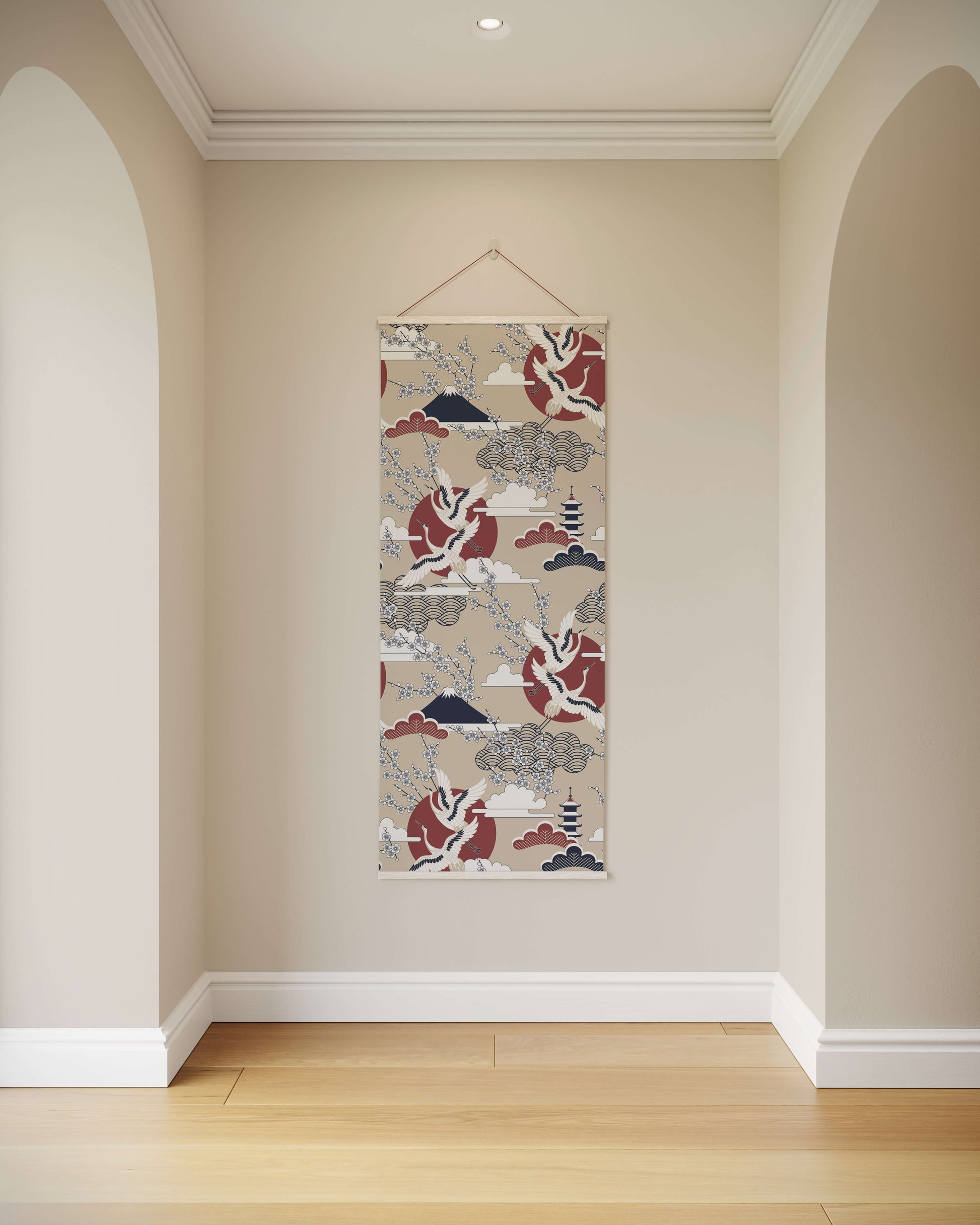 Decorative wall scroll with abstract design hanging on a plain wall.