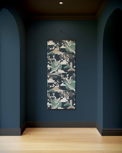 Decorative tapestry with a floral pattern hanging on a dark blue wall.