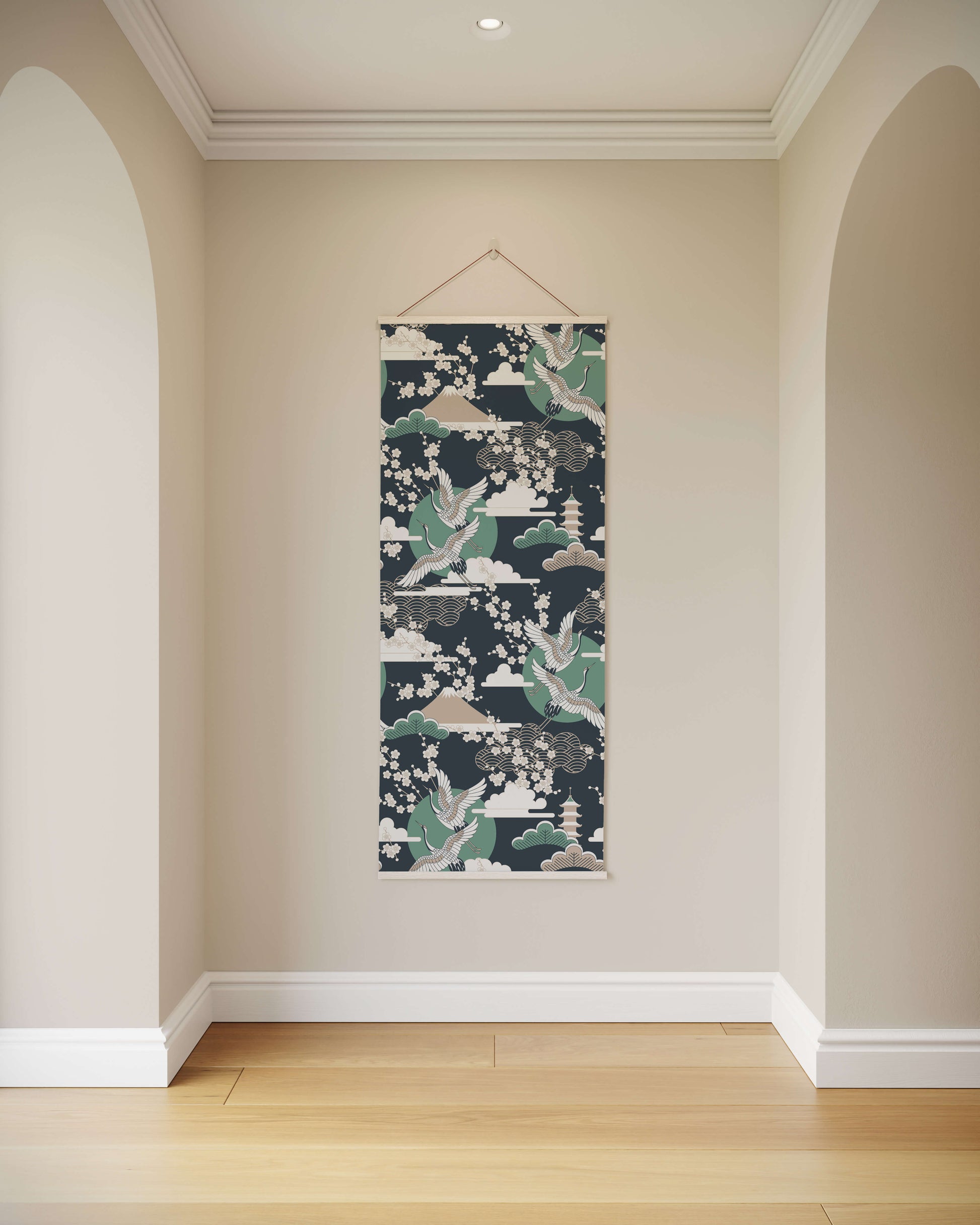 Decorative wall hanging with a floral pattern on a plain wall.