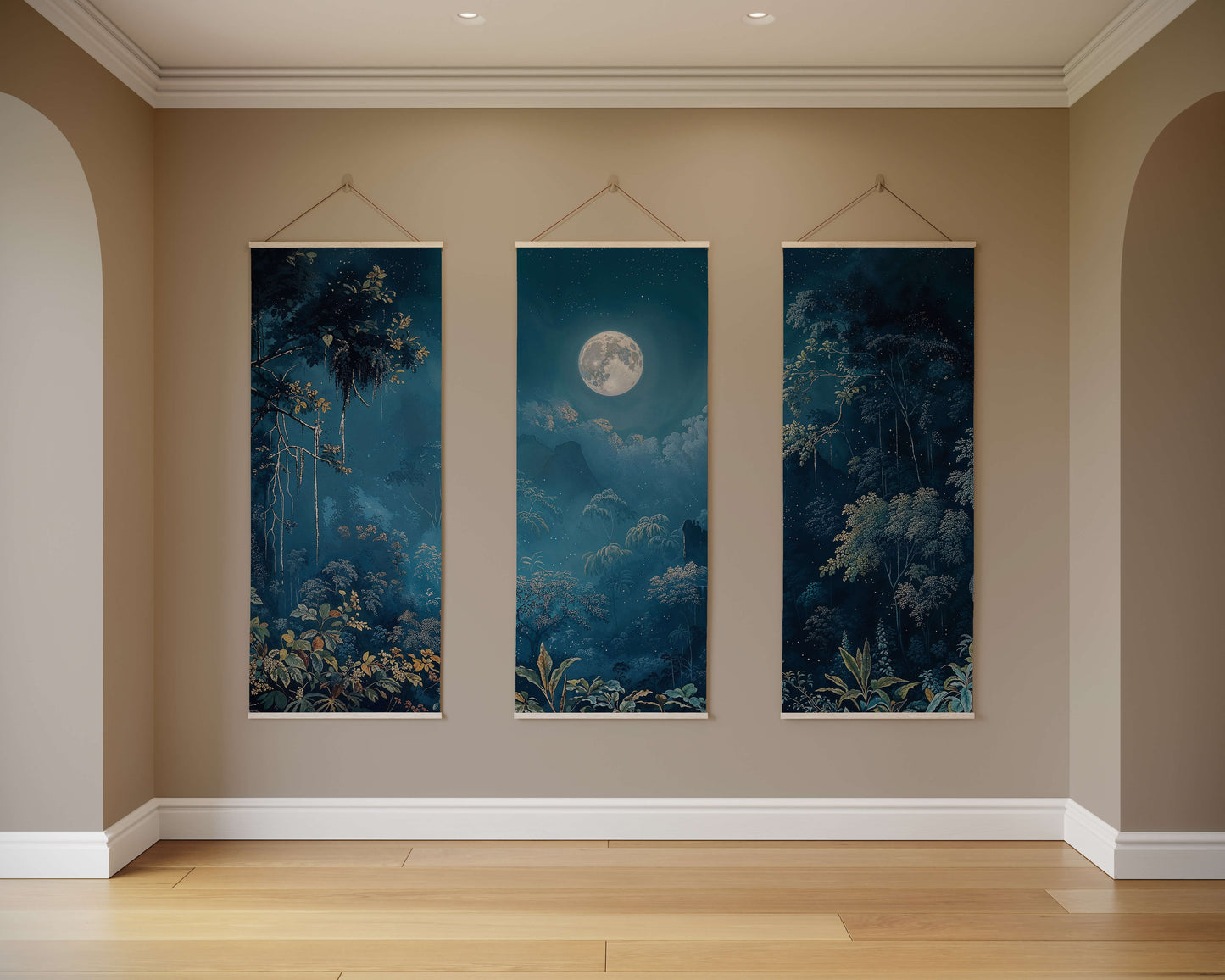 Three vertical wall hangings depicting nature scenes with a moonlit sky in a room with beige walls and wooden flooring.