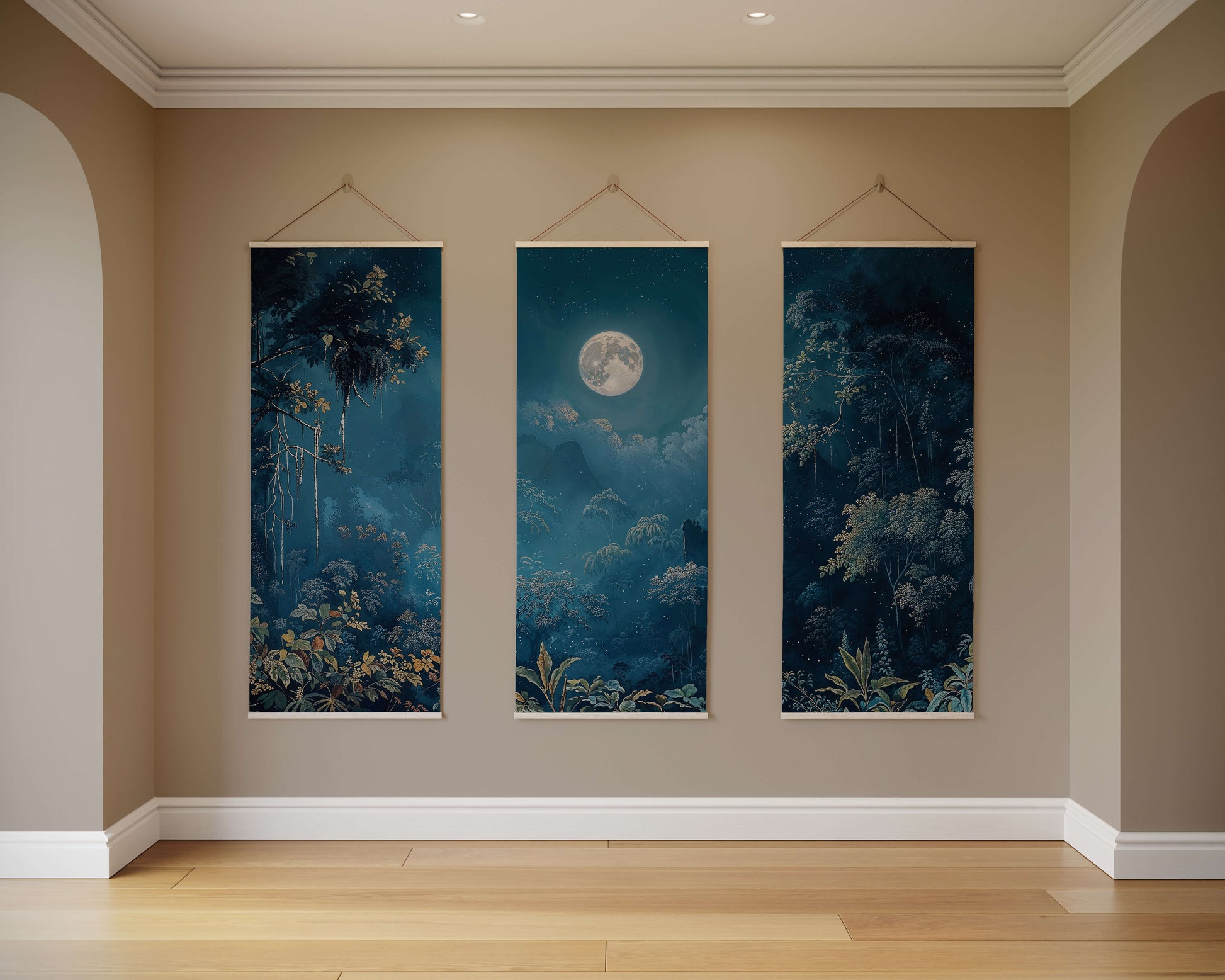 Three vertical wall hangings depicting nature scenes with a moonlit sky in a room with beige walls and wooden flooring.