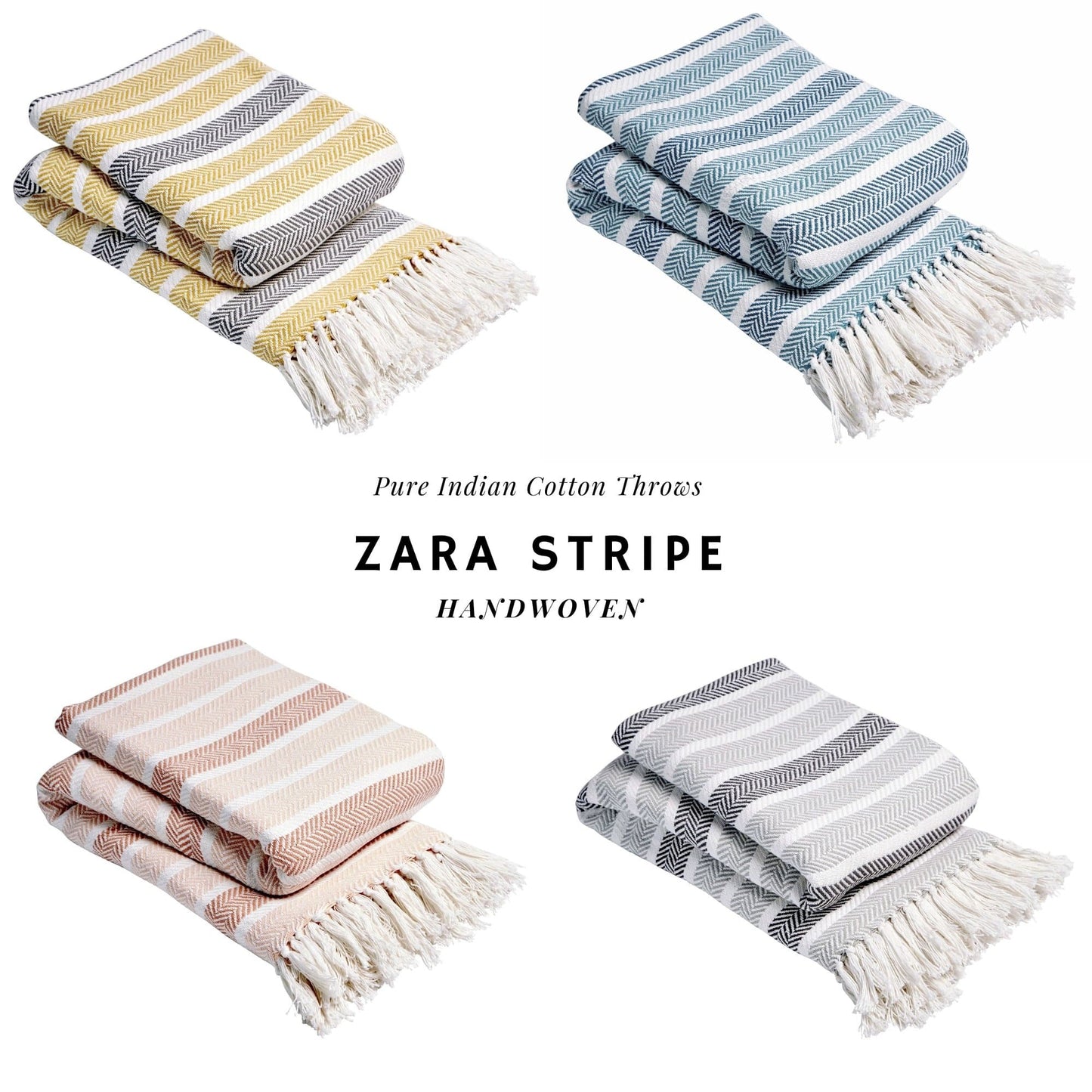 Stripe Handwoven Pure Cotton Throw Blanket with Tassells Eco-Friendly Perfect for Sofa Bed and Home Decor Available in Multiple Sizes and Calming Colours by OLIVIA ROCCO