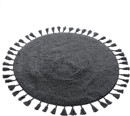 Super Soft Absorbent Non-Slip Round Tasselled Bath Mat 100% Cotton Bathroom Rug in Duck Egg Grey Natural and White by OLIVIA ROCCO