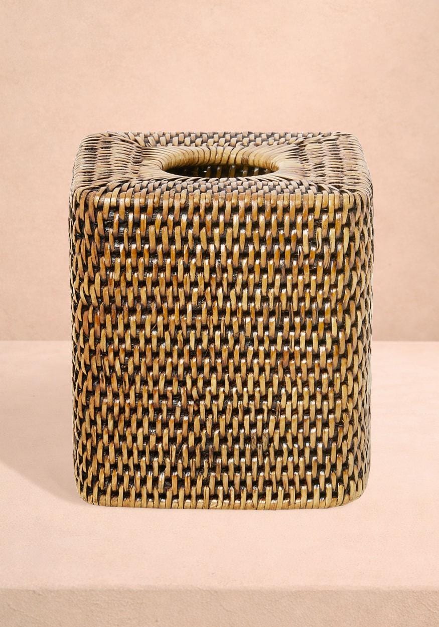 Casa by Josephine Jenno Brown Handwoven Rattan Tissue Box Cover 14 cm