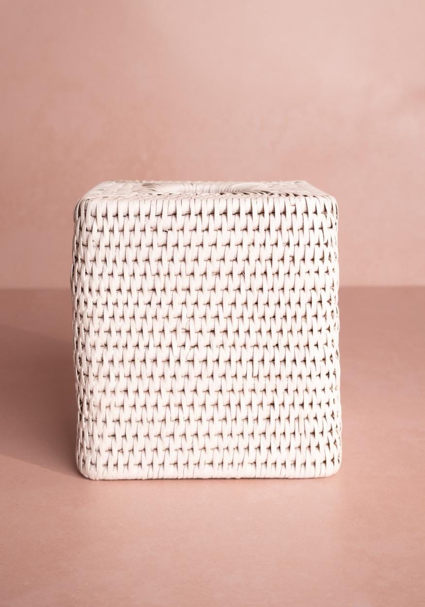 Casa by Josephine Jenno White Handwoven Rattan Tissue Box Cover 14 cm
