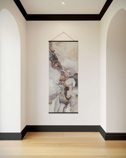 Abstract wall art hanging on a white wall with a wooden floor.