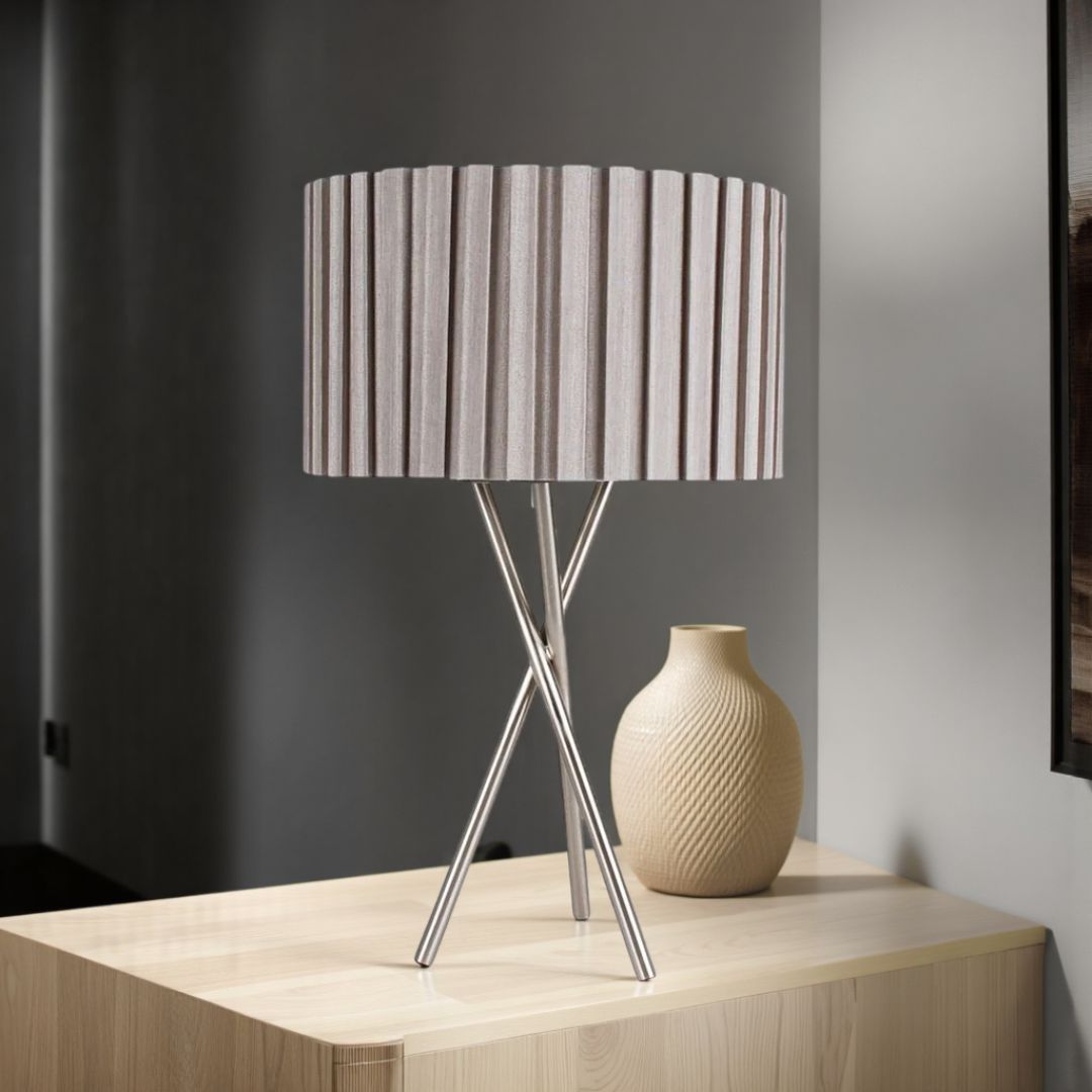 Pagazzi Sabella Tripod Table Lamp Satin Nickel with Taupe Shade 43 cm