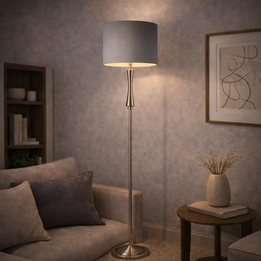 Pagazzi Lomond Floor Lamp Satin Nickel with Grey Drum Shade 154 cm