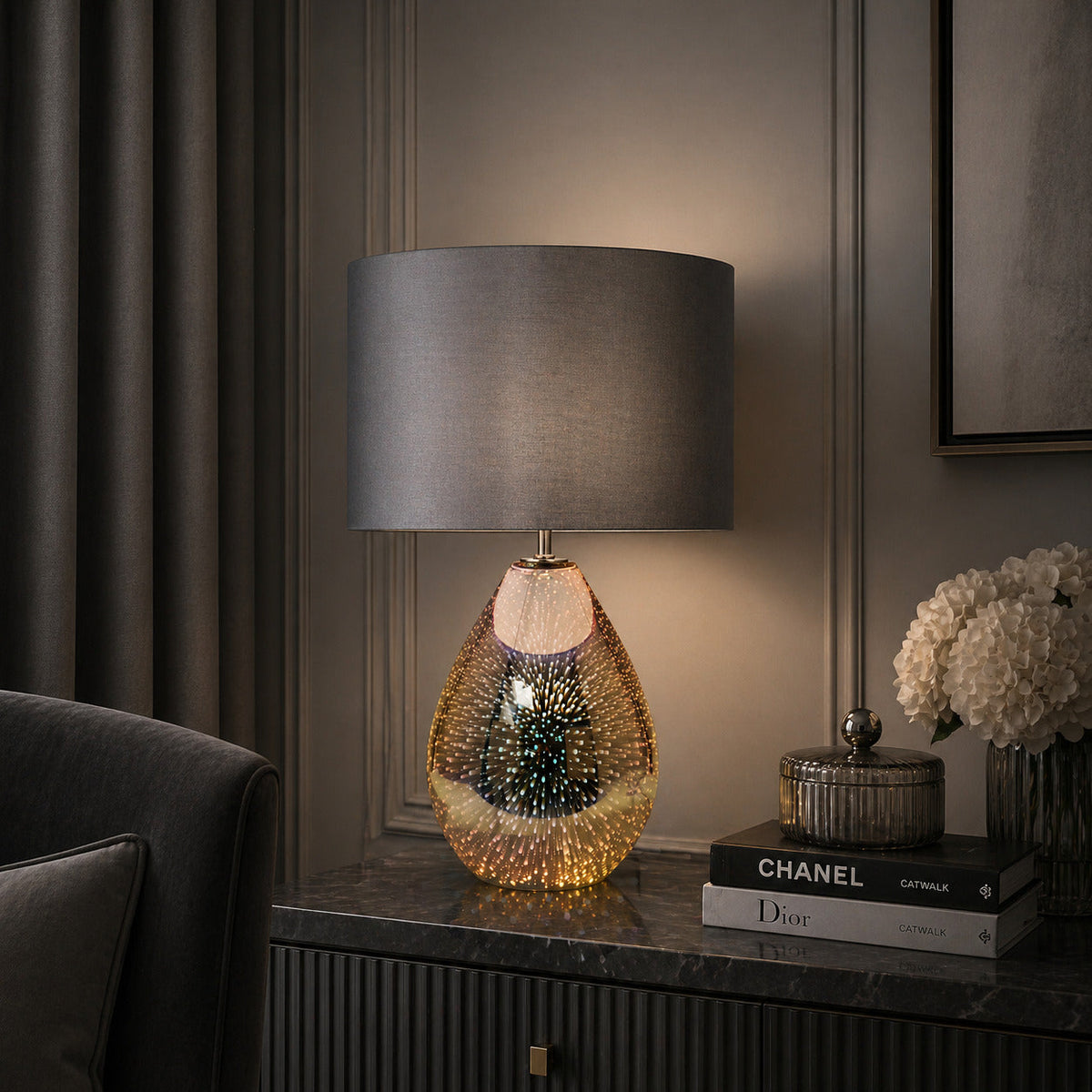 Pagazzi Geller Dual Lit Smoked Glass Table Lamp with Grey Shade 61 cm