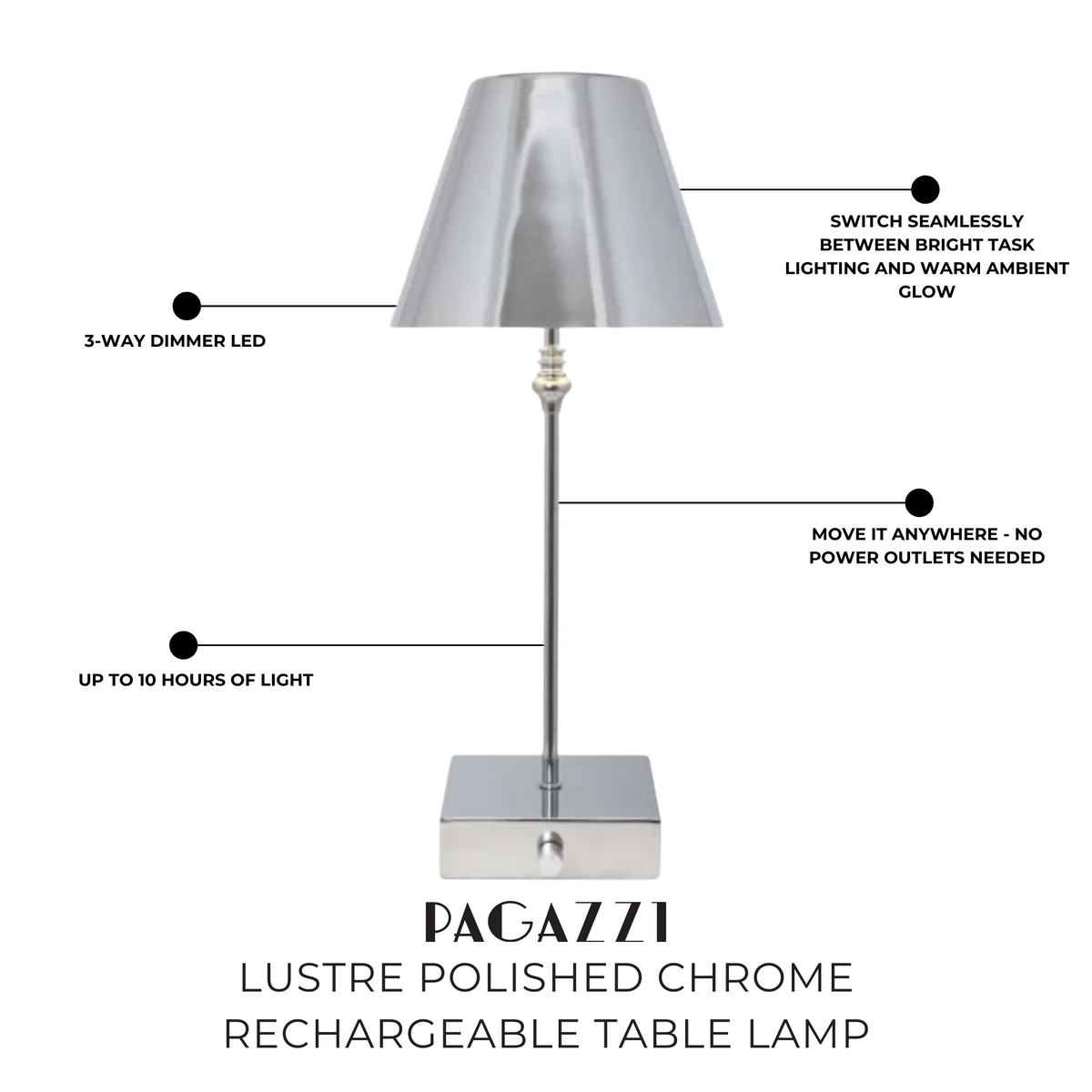 Pagazzi Lustre Rechargeable LED Table Lamp Polished Chrome 45 cm