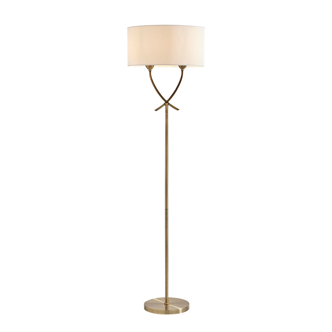 Pagazzi Justina Twin Light Floor Lamp Antique Brass with Ivory Pleated Shade 152 cm