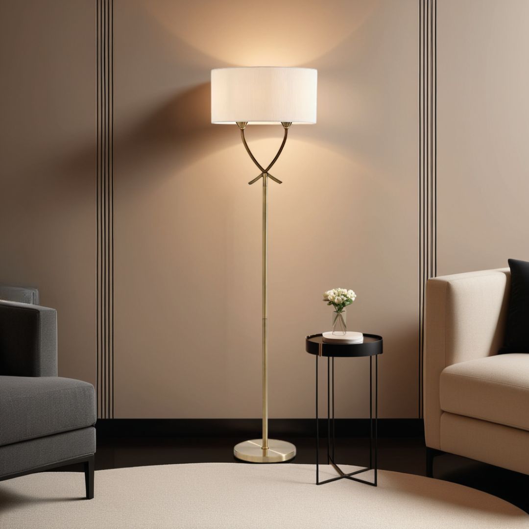 Pagazzi Justina Twin Light Floor Lamp Antique Brass with Ivory Pleated Shade 152 cm