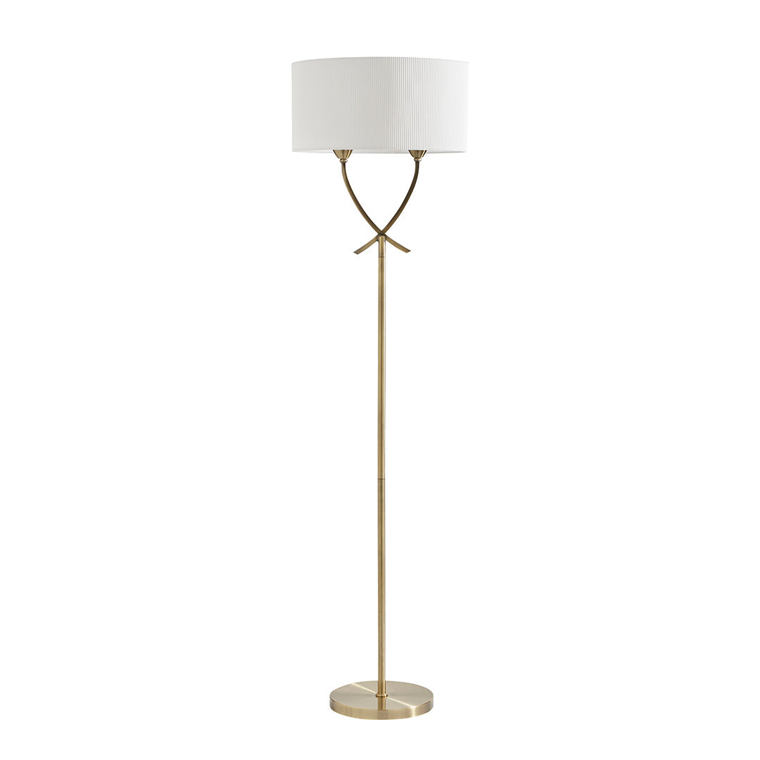 Pagazzi Justina Twin Light Floor Lamp Antique Brass with Ivory Pleated Shade 152 cm