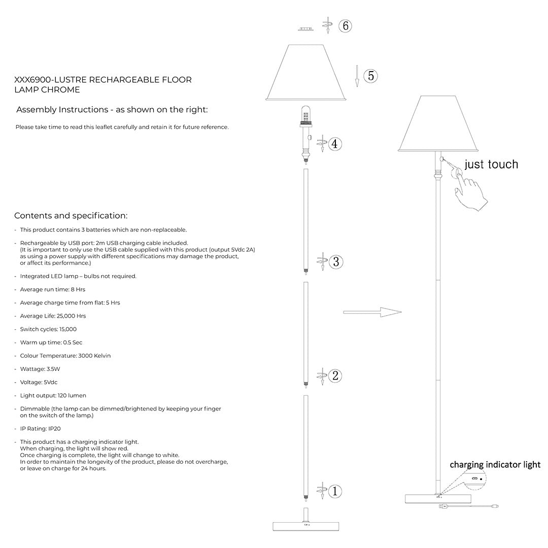 Pagazzi Lustre Rechargeable LED Floor Lamp Polished Chrome 155 cm