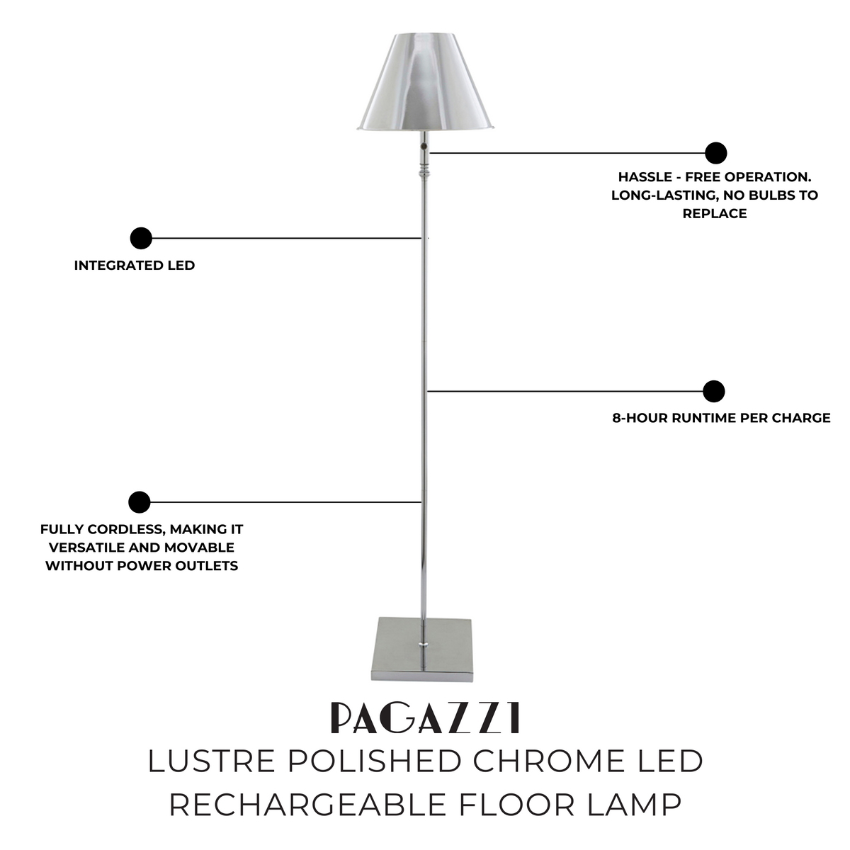 Pagazzi Lustre Rechargeable LED Floor Lamp Polished Chrome 155 cm