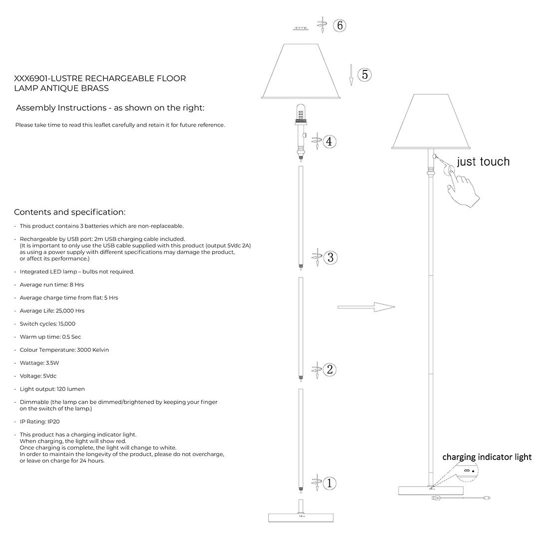 Pagazzi Lustre Rechargeable LED Floor Lamp Antique Brass 155 cm